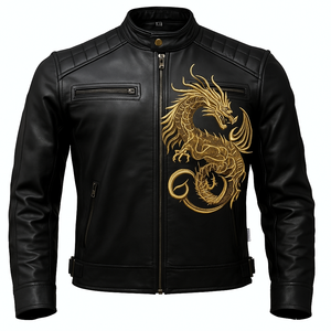Veste en cuir bombardier pour hommes de qualité supérieure avec broderie de dragon doré veste de moto de style motard personnalisée noire de qualité supérieure - Product Image 2