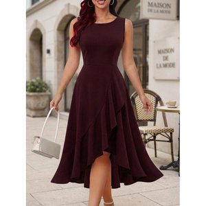 Vestido midi de crepé con cuello redondo y detalle asimétrico con volantes en la parte delantera, 37303 - Borgoña - Product Image 1
