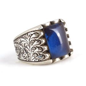 925 Sterling Silver Men's <b>Ring</b> Hand-Engraved Rectangular Blue Compressed Amber Stone Geometric Pattern Rhodium for Everyday Wear - Product Image 2