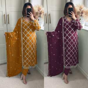 DESEABLE FANCY FAUX GEORGETTE SECUENCIA BORDADA TRABAJO TOP Y PENT CON VESTIDOS INDIOS Y PAKISTANI DUPATTA - Product Image 5