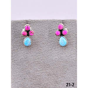 Southwest Style Cotton Candy Turquoise & Sterling <b>Silver</b> <b>Stud</b> Earrings Bezel Setting Flower Pattern Post Earrings - Product Image 2