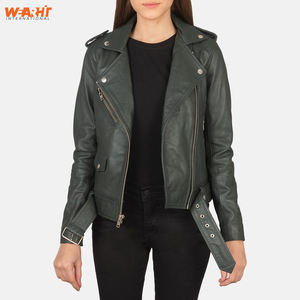 Genuine Green Leather Biker Jacket for Women <b>Slim</b> Fit <b>Belted</b> Waist Asymmetrical Zipper Classic Lapel Style Solid Plain Dyed - Product Image 3