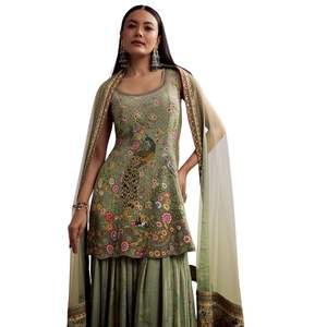 Abito da Palazzo in Crepe verde con stampa floreale e pietra all'ingrosso donna abbigliamento etnico OEM fabbrica fornitore di rinfuse - Product Image 4