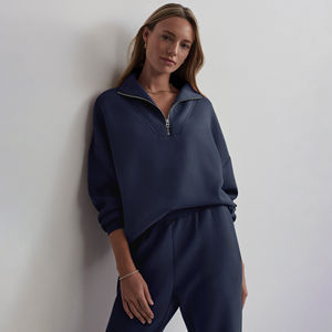 Sudadera con capucha informal de alta calidad para mujer, Jersey de algodón suave con media cremallera, tela de lana, Frente lavado de otoño, respetuoso con el medio ambiente - Product Image 2