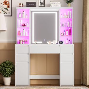 <strong>Vanity</strong> <strong>Desk</strong> <strong>with</strong> LED Mirror and RGB Lights Shelves,<strong>with</strong> Power Outlet, and <strong>with</strong> 5 Sliding <strong>Drawers</strong> &amp; 2 Cabinets for Bedroom - Product Image 1