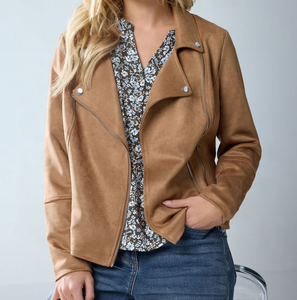Brown <b>Suede</b> Moto <b>Jacket</b> Women's Slim Fit Zipper Closure Turn-down Collar Autumn Wear Regular Length - Product Image 1