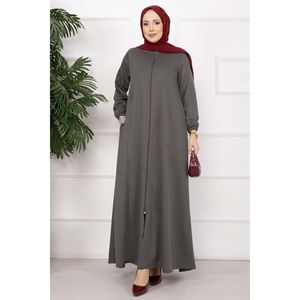 Abaya Clásica con Cierre en Gris Humo, Tejido de Seda - Product Image 1
