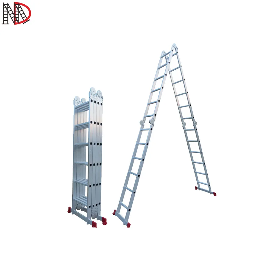 Escalera plegable multiusos de aluminio, 4x7, con bisagra grande, moderna, plateada, de aluminio, 3 secciones