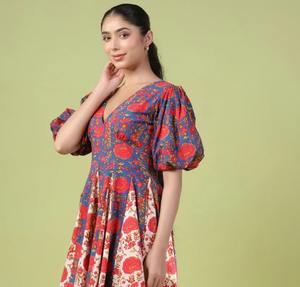 ชุดเดรสผ้าฝ้ายสไตล์อินเดียเดรสสั้นพิมพ์ลายดอกไม้ชุดเดรสสั้นสำหรับฤดูร้อนของขวัญงานแฮนด์เมดมีสไตล์สำหรับเธอ - Product Image 5