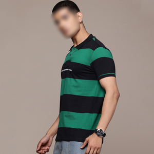 T-shirt rayé à col polo pour hommes, vert et noir, manches courtes, qualité supérieure, meilleur prix, polos à bretelles surdimensionnées - Product Image 2