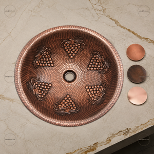 Handmade Copper Vessel <b>Sink</b> Single Bowl <b>Round</b> Rustic Matte Hammered Surface Grape Design Counter <b>Bathroom</b> <b>Sink</b> Easy Clean DIVRIS - Product Image 5
