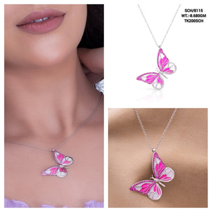 Collier de demoiselle d'honneur en argent massif 925 de style moderne avec chaîne de 18 "et pierre précieuse papillon en émail rose cadeau de Noël pour les mariages - Product Image 2
