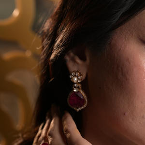 Ensemble de boucles d'oreilles imposantes en argent sterling 925 Royal Gulabi Rani Haar Gajaah avec rubis, polki, diamants et émeraudes, bijoux de mariée pour femmes - Product Image 1