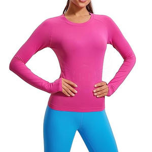 T-shirts à manches longues de yoga personnalisés en gros d'usine T-shirts en coton de couleur unie à col rond T-shirts à manches longues de yoga - Product Image 1