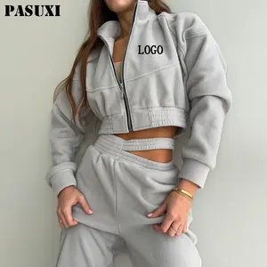 PASUXI OEM mode polaire tissu veste à capuche ensemble Logo personnalisé hiver épais recadrée femme sweat et pantalon de survêtement ensemble