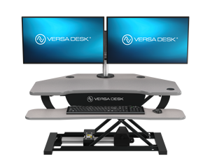 VersaDesk PowerPro Electric Corner Standing Desk Converter Height <strong>Adjustable</strong> Modern Gray Design Sit to <strong>Stand</strong> <strong>Desktop</strong> Riser