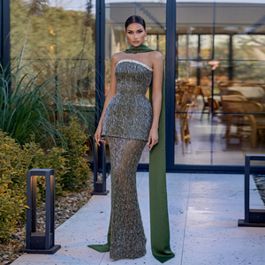 Robe de soirée de luxe Jancember LSZ781 vert foncé, élégante robe sirène, robe de soirée formelle lourdement perlée avec long châle - Product Image 1