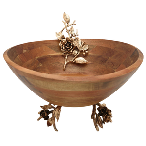 Bol à salade en bois de qualité de luxe manche en laiton poli fleur design pour la maison hôtel restaurant fournitures bas prix pour les mariages - Product Image 4