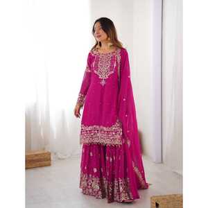 LANZAMIENTO NUEVO DISEÑADOR FESTIVE WEAR SHARARA PALAZZO TELA HEAVY FAUX GEORGETTE CON BORDADO DORI CON LENTEJUELAS E HILO TRABAJO - Product Image 1