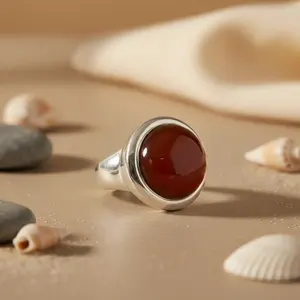 925 Silver Statement <b>Ring</b> for Women Trendy <b>Opening</b> Gemstone Red Carnelian Stone Inlay Number Geometric Shape Religious Style - Product Image 1
