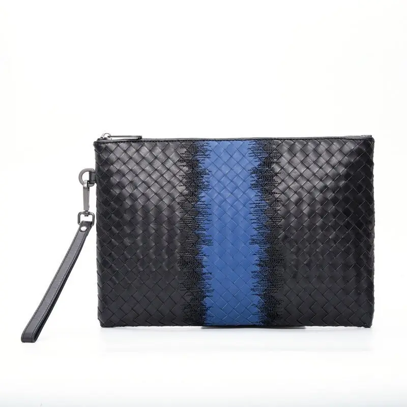 New High Grade Hand Woven Knitting Genuine Leather Men Clutch Bag Cow Leather Zipper clutch Multifunction Envelope Bag