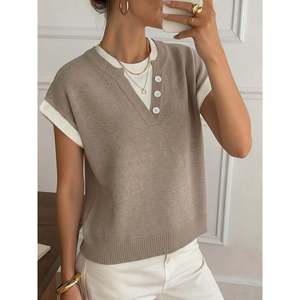 Women's Khaki Casual Colorblock Crew Neck Short Sleeve <b>Pullover</b> <b>Sweater</b> with Button - Product Image 1