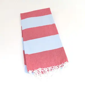 Red and Sky blue Cotton Fouta Pestemal Towel with White Tassels Indigo Towel Direct From Towel Manufacturer