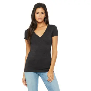 Bella kaus wanita kanvas gelap abu-abu Heather Jersey lengan pendek Deep V Neck Slim Fit Airlume Combed Ring-Spun kaos katun