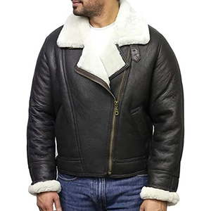 Black Flying Pilot Shearling <b>Leather</b> Bomber <b>Jacket</b> <b>Winter</b> <b>Jacket</b> Shearling Collar Zip Up Outerwear OEM Manufacturer in Pakistan - Product Image 6