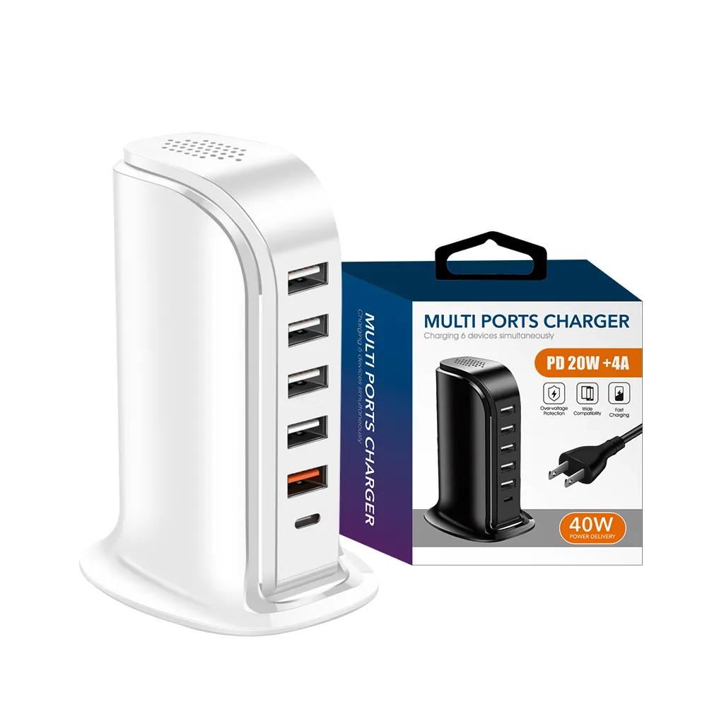 Us Eu 40w Multi 6 Port Usb Wall Charger Quick Charge 3.0 Type C Pd Desktop Charging Dock Station