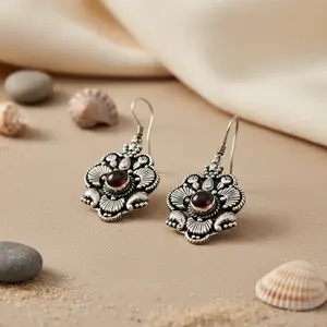 Boucles d'oreilles pendantes en argent 925 avec grenat, motif floral, pour femmes, bijoux tendance - Product Image 3