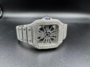 Montre de luxe en acier inoxydable de 41 mm, squelette antique, diamant moissanite, glacée, hip hop, mouvement à quartz, verre analogique jaune - Product Image 4