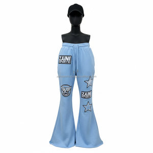 Pantalones de Mujer Azul Cielo, Estilo Flare, Tela de Felpa Premium de 320 GSM, Suaves y Elásticos, con Logotipo de Parche Cosido Personalizable - Product Image 1