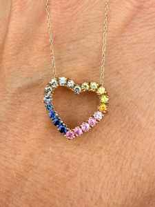 Multi Color Blue Pink Yellow Green Natural Sapphire Gemstone <b>Heart</b> Shape <b>Pendant</b> 10k Yellow <b>Gold</b> 18" Chain Valentine's Necklace - Product Image 2