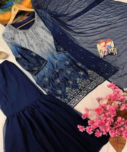 AZUL MODERNO CHINON ZARI BORDADO CON PIEDRA TRABAJO TOP SHARARA CON DUPATTA RECEPCIÓN DESGASTE PRECIO AL POR MAYOR ROPA ÉTNICA - Product Image 6