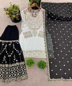 NOUVEL ARRIVÉ GEORGETTE BRODERIE SÉQUENCE TRAVAIL TOP SHARARA AVEC DUPATTA MARIAGE VÊTEMENT ETHNIQUE NOIR PRIX DE GROS - Product Image 4