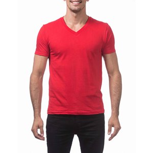 Camiseta de Manga Corta con Cuello en V Roja para Hombre, 100% Algodón Orgánico, Corte Ajustado, Informal, Jersey de Algodón, Color Sólido, Básica - Product Image 1