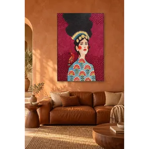 Stampa su tela di Fida con donna coronata e uccello cappello di paglia su sfondo bordeaux - Product Image 1