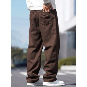 Jean en denim marron pour homme, coupe droite, jambe large, ample, en tissu respirant et écologique, délavé vintage, style streetwear, taille unique - Product Image 2