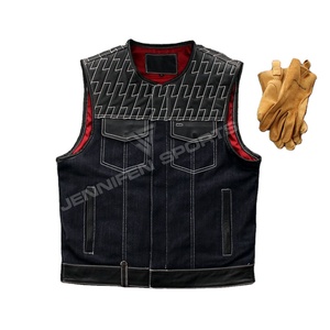 Gilet en cuir véritable/denim pour homme, coupe diamant, veste sans manches de qualité supérieure pour la moto, avec plusieurs poches - Product Image 1