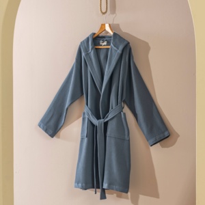 เสื้อคลุมอาบน้ำไมโครวาฟเฟิลแบบตุรกี คอปกผ้าคลุมไหล่ สีฟ้า-เทา - Product Image 1