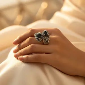 Butterfly Shape Cocktail <b>Ring</b> <b>With</b> <b>Black</b> Onyx Pear <b>Stones</b> Micro Pave Inlay Antique <b>Silver</b> Plated Women's Bohemia Style <b>Ring</b> - Product Image 3