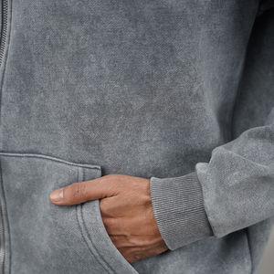 Sudaderas con capucha de lana con lavado ácido de algodón 100% para hombre, patrón sólido, cremallera básica para invierno, cuello con capucha, hombro caído de gran tamaño - Product Image 4