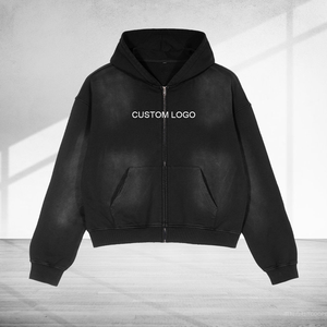 เสื้อฮู้ดดี้ผู้ชาย ผ้าฝ้ายดิสเทรส ทรงบ็อกซี่ หนานุ่ม โอเวอร์ไซส์ สตรีทแวร์ วินเทจ ปักลายตามสั่ง พิมพ์ลาย DTG แบบครอป แอซิดวอช ซิป - Product Image 4