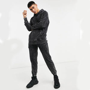 Meilleure vente Acid Wash Strass Imprimer Distressed Zip up Hoodies Baggy Sweatpants Set 460 GSM Respirant Hommes Survêtements - Product Image 4