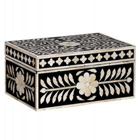 Caja de Joyería Artesanal con Incrustaciones de Hueso - Patrón Geométrico Floral Blanco y Negro, Mosaico de Hueso de Camello, Caja de Recuerdos de Lujo - Product Image 2