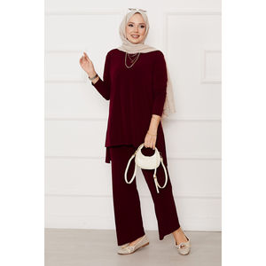 Conjunto de Dos Piezas de Lino para Mujer, Estilo Casual, Color Borgoña, para Verano, Tallas XS, XXS, XL - Corte Holgado - Product Image 1