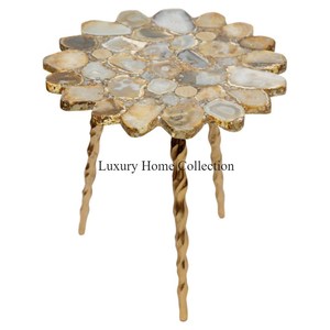 Coffee and <b>Side</b> <b>Table</b> <b>Gold</b> Color Shiny Polished 3 Legs Base With Agate Round Shape Marble Handmade Designer Fancy Look Supplies - Product Image 2