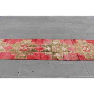 Turkish Vintage <b>Runner</b> Rug 2.6x11.7 ft, <b>Red</b> Green Solid Rug - Product Image 3