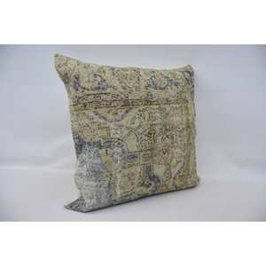 Beige Toile Kantha Patchwork Wool Pillow 32x32 Inch Decorative <b>Cushion</b> with Vintage Embroidered Floral <b>Print</b> for Home or Sofa - Product Image 3